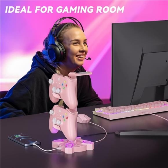 RGB Headphone Stand with 9 Light Modes - Rotatable Pink Game Headset Holder - Picture 5 of 6